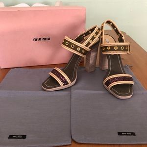 Miu Miu Pink and Brown Block Heel Sandals